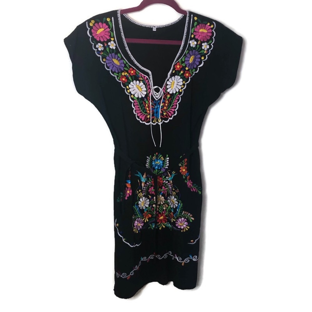 Black Mexican Embroidered Floral Tunic Dress